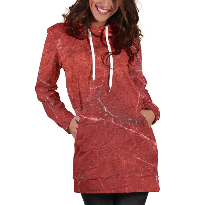 Red Marble Print Pullover Hoodie Dress