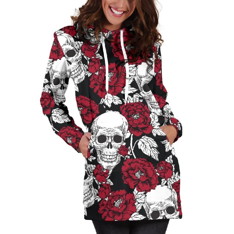 Red Peony Skull Pattern Print Pullover Hoodie Dress