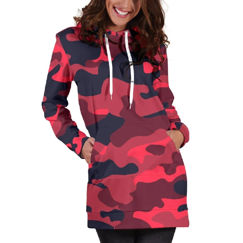 Red Pink And Black Camouflage Print Pullover Hoodie Dress