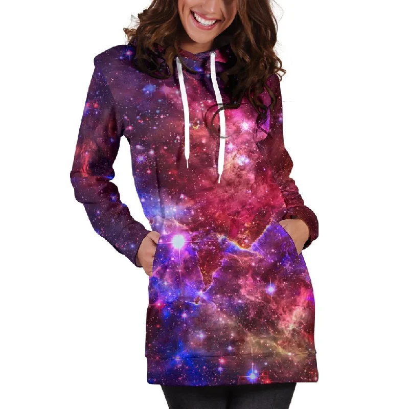 Red Purple Nebula Galaxy Space Print Pullover Hoodie Dress