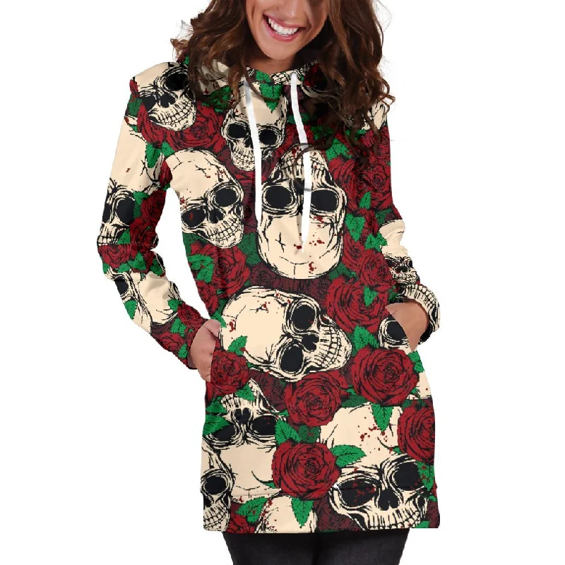 Red Rose Skull Pattern Print Pullover Hoodie Dress