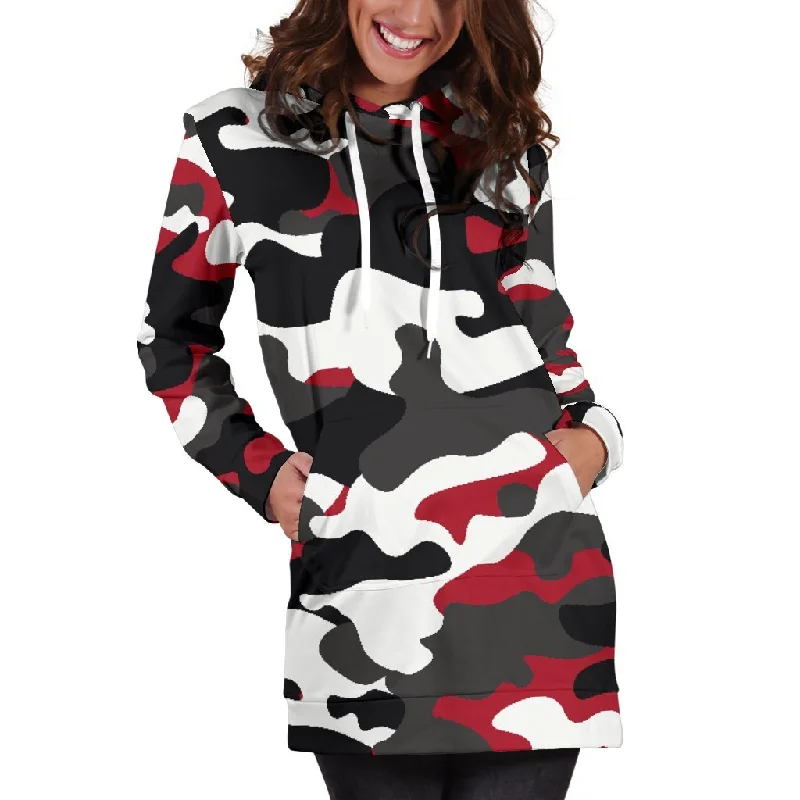 Red Snow Camouflage Print Pullover Hoodie Dress