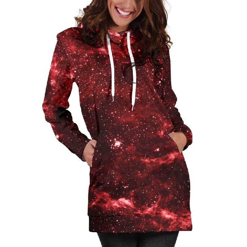 Red Stardust Universe Galaxy Space Print Pullover Hoodie Dress