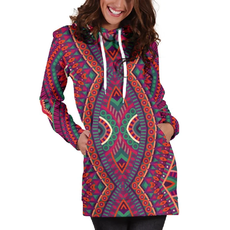 Red Tribal Ethnic Mandala Print Pullover Hoodie Dress