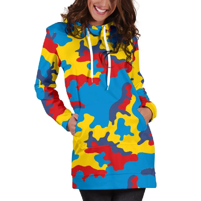 Red Yellow And Blue Camouflage Print Pullover Hoodie Dress