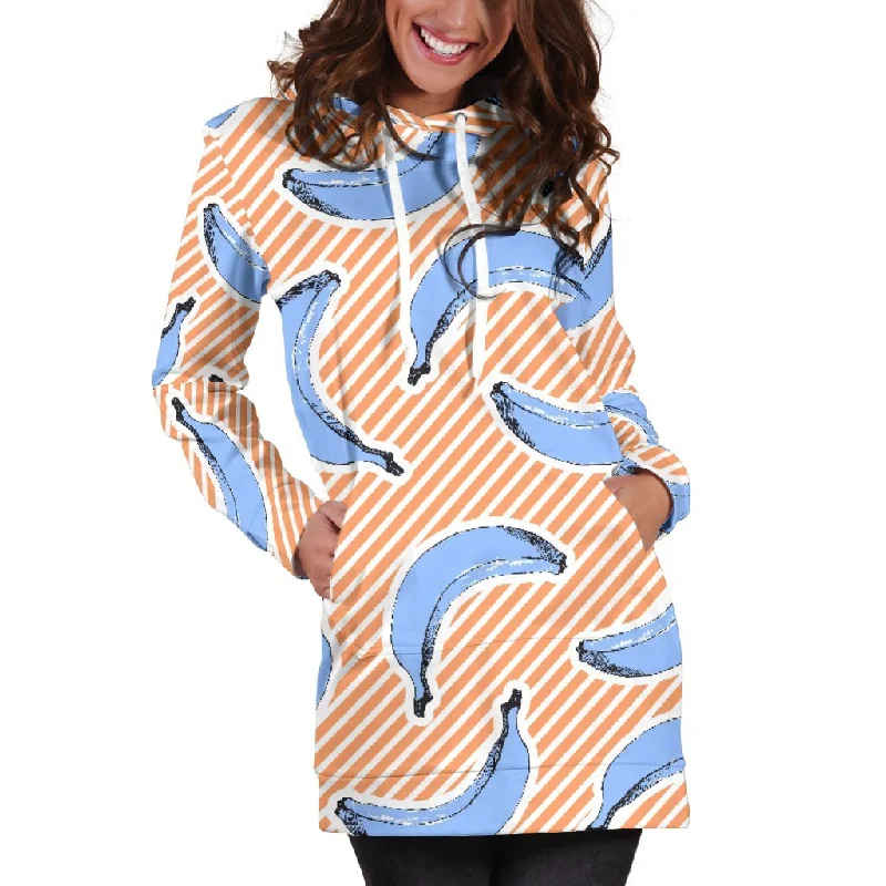 Retro Blue Banana Pattern Print Pullover Hoodie Dress