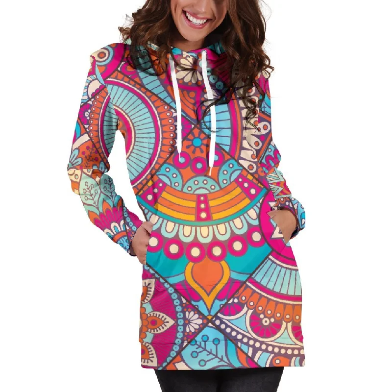 Retro Bohemian Mandala Pattern Print Pullover Hoodie Dress