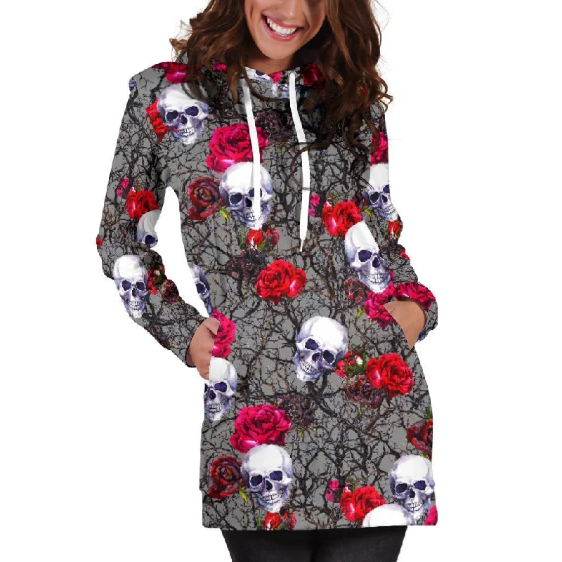 Rose Branch Skull Pattern Print Pullover Hoodie Dress