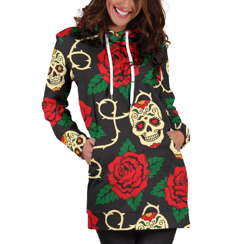 Rose Flower Sugar Skull Pattern Print Pullover Hoodie Dress