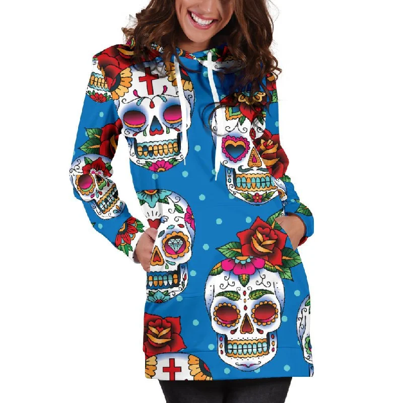 Rose Sugar Skull Pattern Print Pullover Hoodie Dress