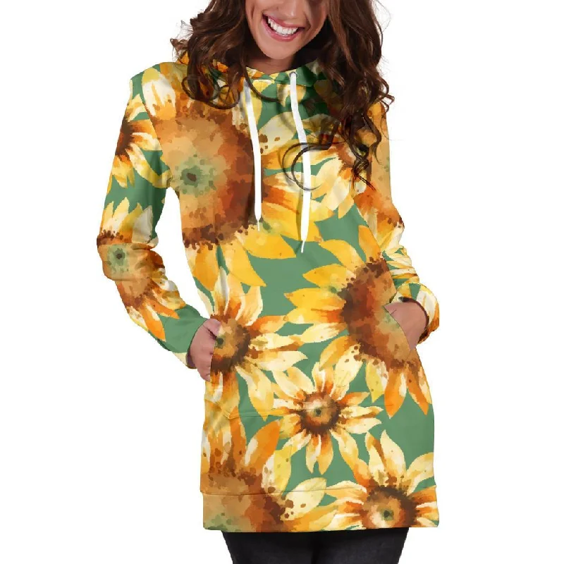 Sage Watercolor Sunflower Pattern Print Pullover Hoodie Dress