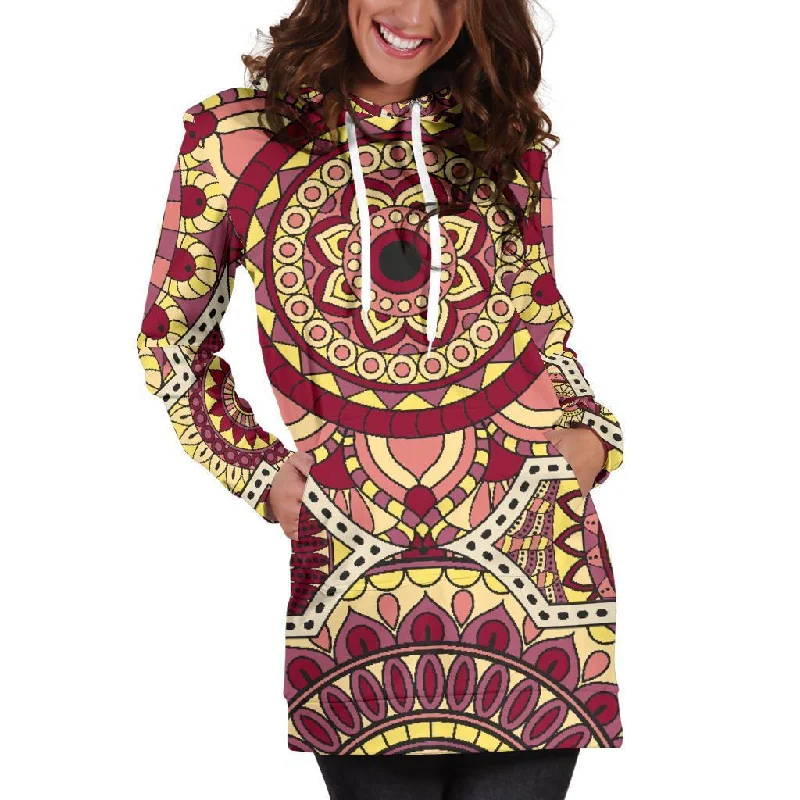 Sangria Mandala Bohemian Pattern Print Pullover Hoodie Dress