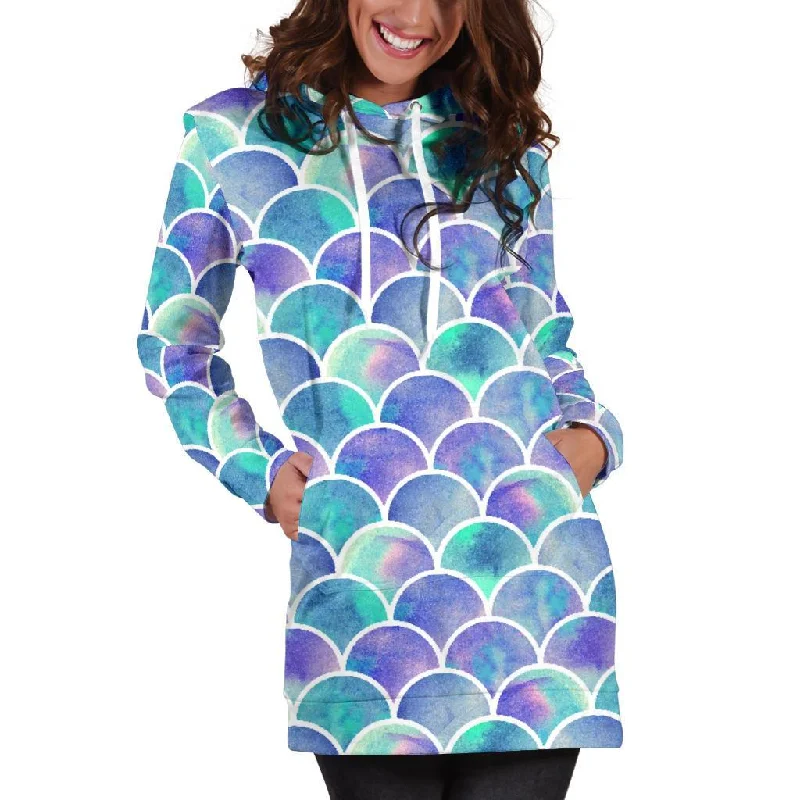 Sea Blue Mermaid Scales Pattern Print Pullover Hoodie Dress