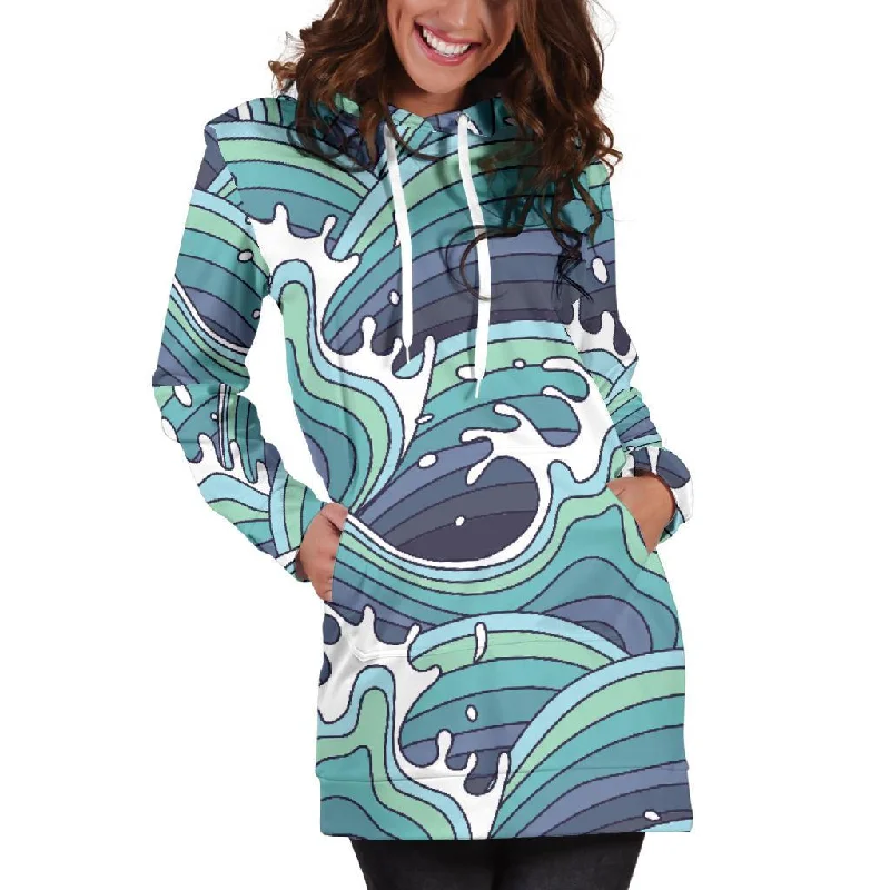 Sea Wave Surfing Pattern Print Pullover Hoodie Dress