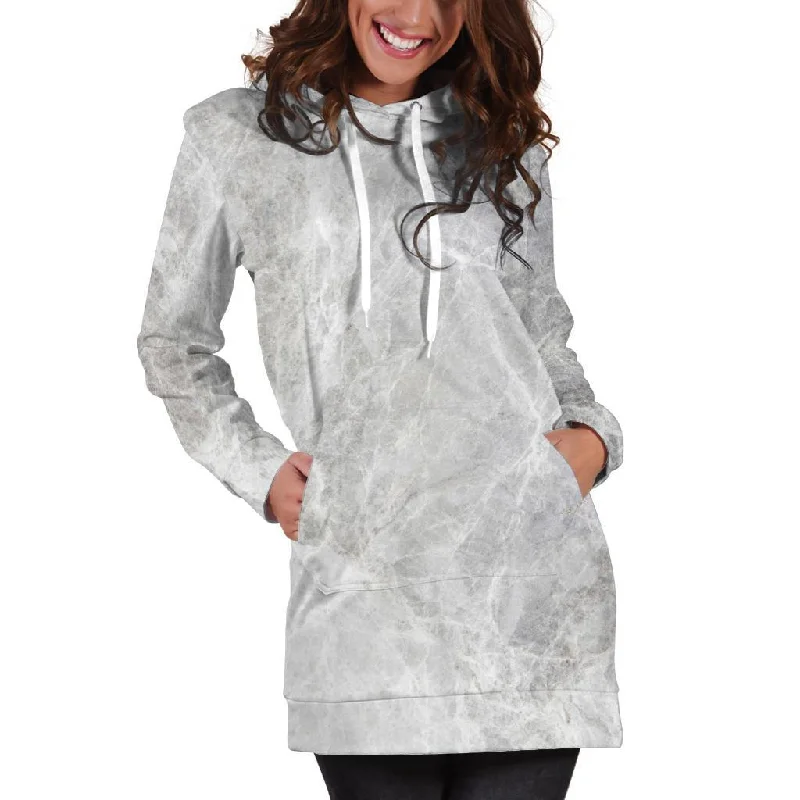 Silver Grey Marble Print Pullover Hoodie Dress