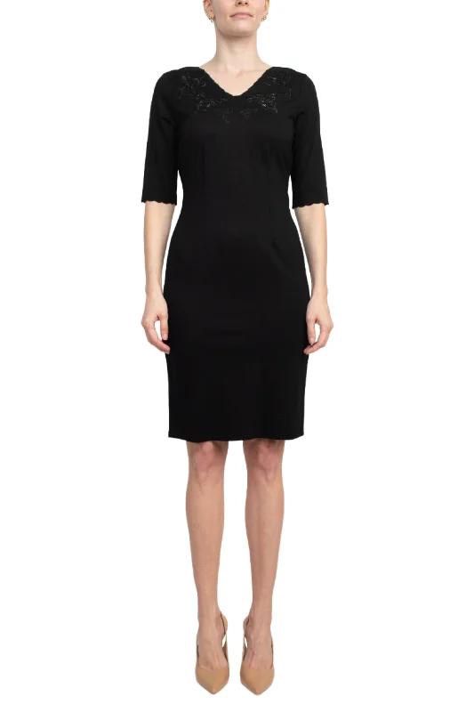T Tahari Scalloped V-Neck 3/4 Sleeve Embroidery Zipper Back Solid Short Scuba Dress