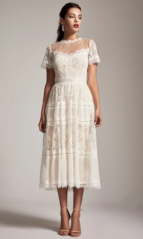 Tadashi Shoji - Embroidered Lace Eyelash Trimmed Tea Length Dress