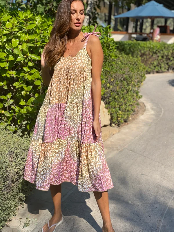 Tie Dye 70's Sun Dress With Snow Leopard Print Green Lime/Turq