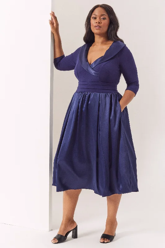 The Olivia Navy Satin Tuxedo Prom Dress