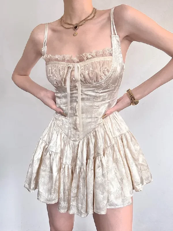 Zjkrl - Sexy Solid White Stitching Lace Bra Corset style Spaghetti Strap Mini Dress Women Backless Party Skater Short Sling Robe Stylish Floral Print Mini Dress