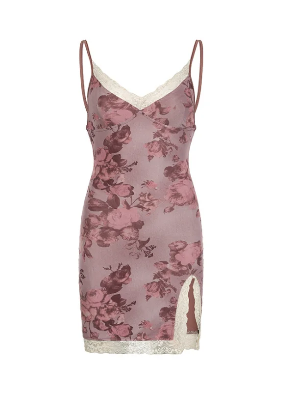 Ada Lace Detailed Slit Mini Dress Trendy Floral Mini Dress