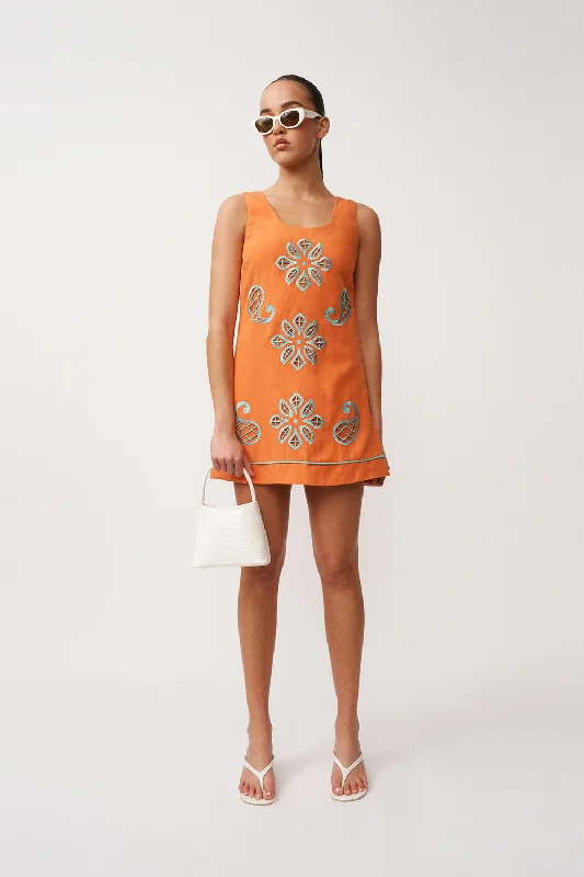 Alfresco Embroidery Mini Dress - Orange Aqua Stylish Floral Print Mini Dress