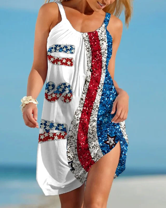 American Independence Day Stripes Contrast Color Sleeveless Mini Dress Trendy Mini Dress with Belt