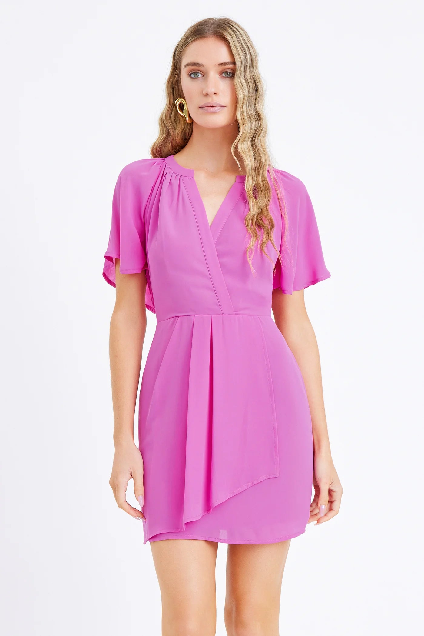 Annalise Flutter Sleeve Draped Mini Dress Elegant Floral-Print Mini Dress