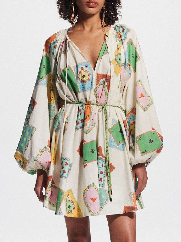 Cosybreezee - Art Print Bubble Graceful Long Sleeve Mini Dress Casual V-Neck Mini Dress