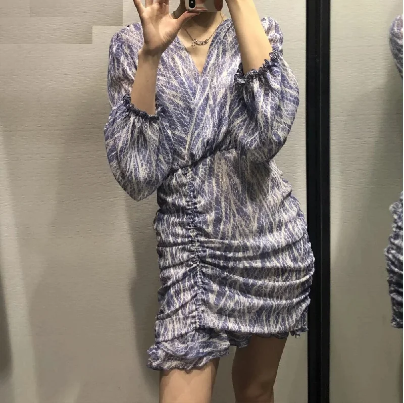 Chic Fashion Animal Print Asymmetric Draped Mini Dress Vintage Long Sleeve Ruffled  Dress CODE: KAR1043 Stylish Plaid Mini Dress