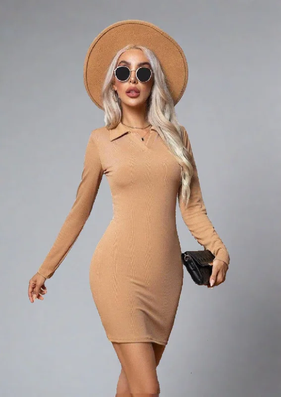 Johnny Collar Long Sleeve Mini Dress Comfortable Fit-and-Flare Mini Dress
