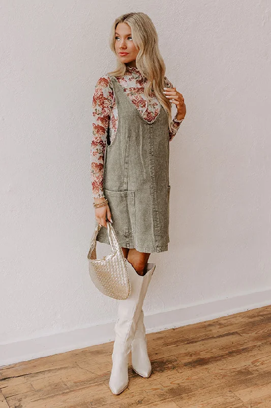 Composed Charm Denim Mini Dress in Olive Fashionable Denim Mini Dress