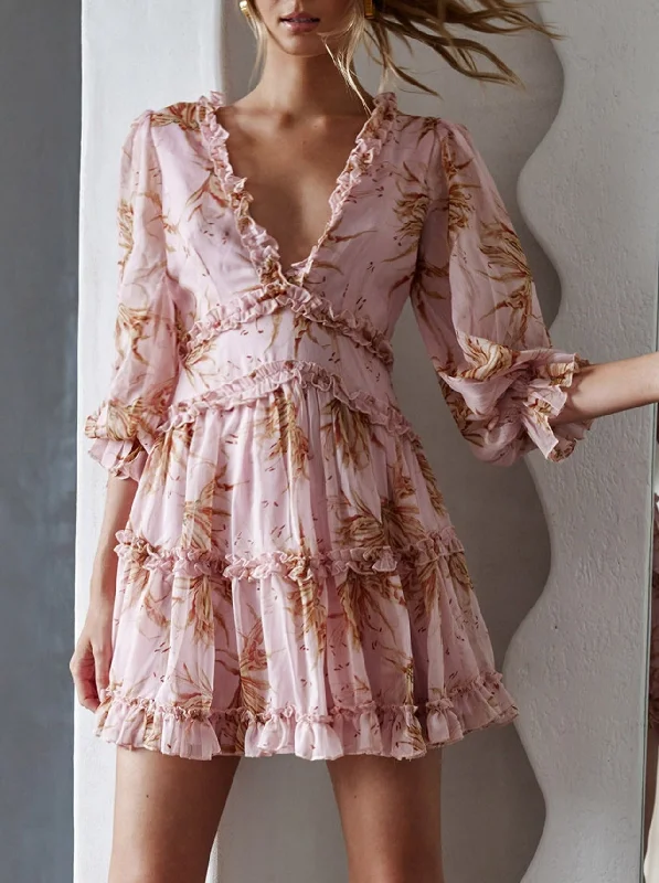 Give Me The World Mini Dress - Pink Floral Elegant Sequin Mini Dress