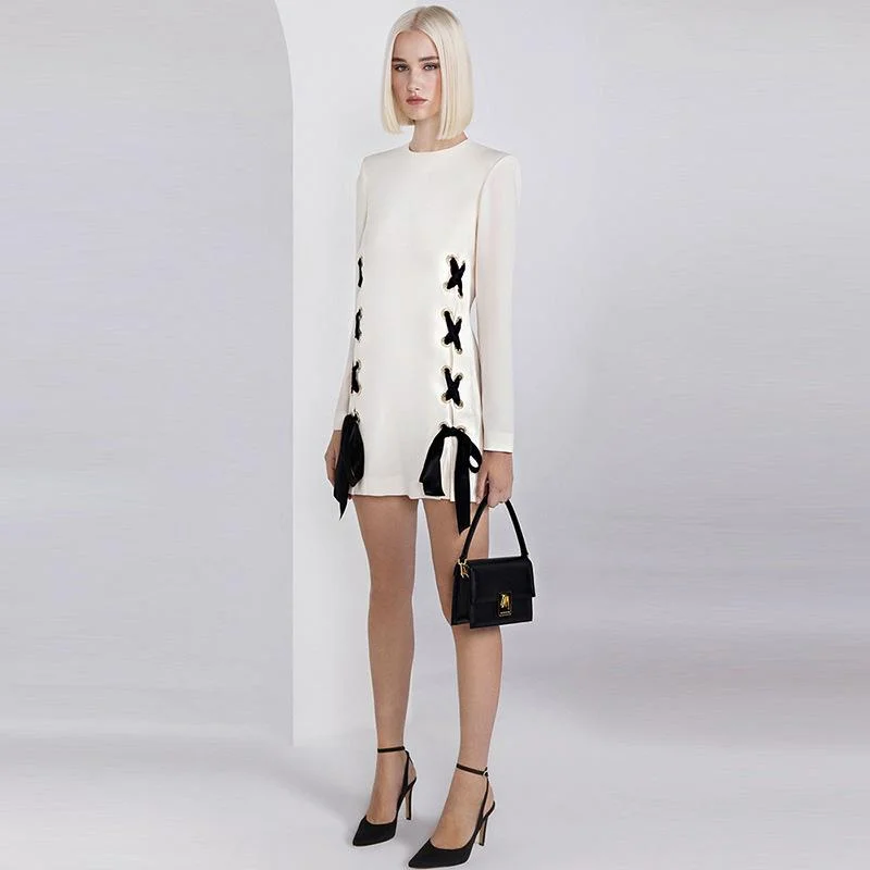 Daniella White Lace Up Long Sleeve Mini Dress Trendy Tie-Dye Mini Dress