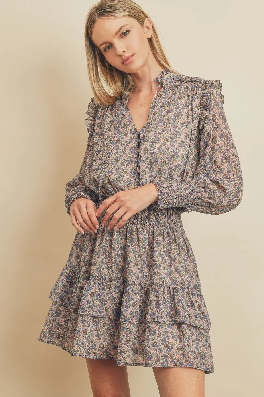 Ditsy Floral Shirred Waist Mini Dress Fashionable Button-Front Mini Dress