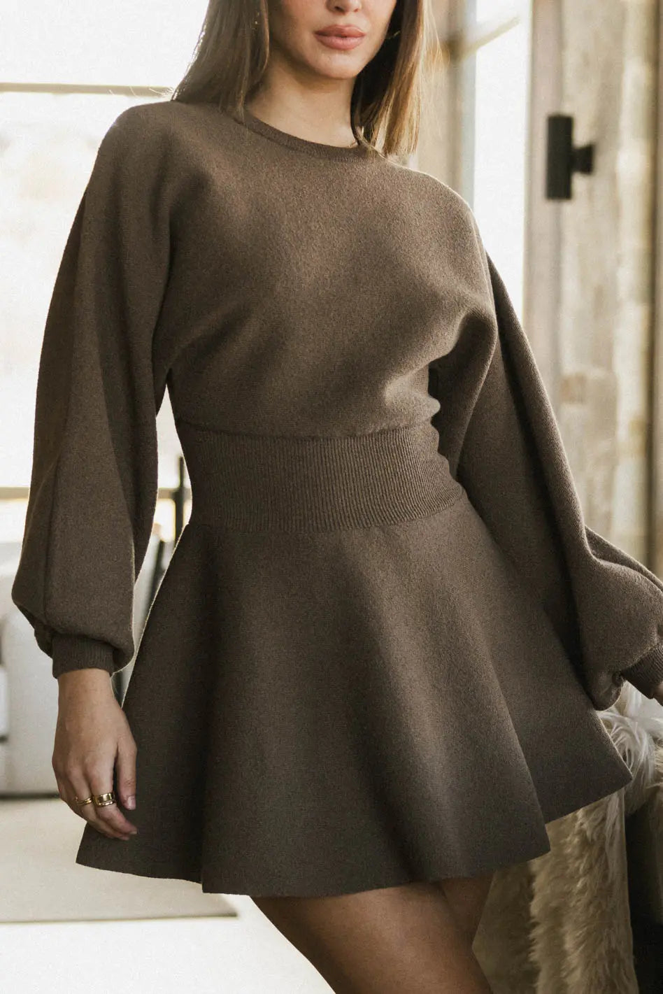 Dolores Knit Mini Dress in Mocha Comfortable Bodycon Mini Dress