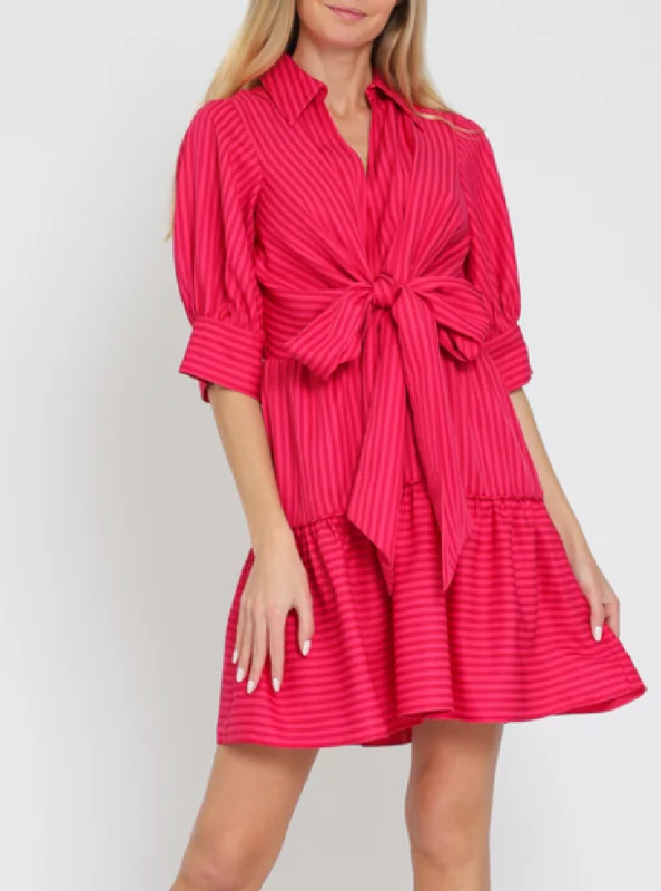 Elbow Sleeve Tie Front Waisted Stripe Mini Dress Trendy Off-Shoulder Dress Mini