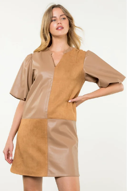 Emily Vegan Leather Checkered Mini Dress in Camel Cozy Wraparound Mini Dress