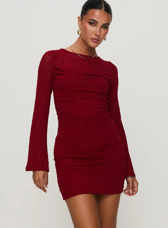 Epiphany Long Sleeve Mini Dress Burgundy Cozy Wraparound Mini Dress