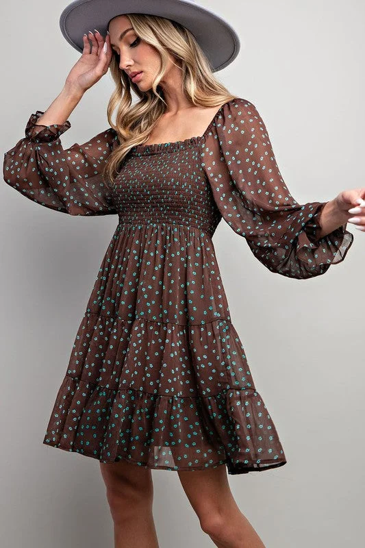 Floral Print Smocked Mini Dress Elegant Floral-Print Mini Dress