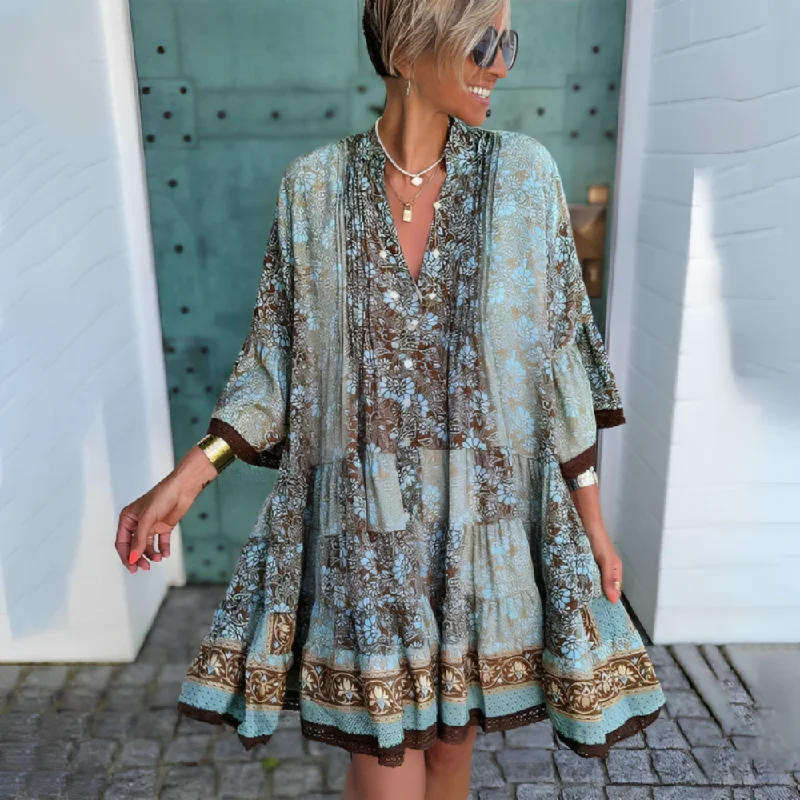 Fresh Print Green Mini Dress Fashionable Denim Mini Dress