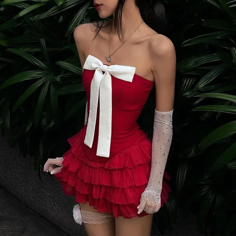 Girlary Bow Sexy Bra Dresses for Summer Women's Dress with Sleeves New Skinny High Waist Sexy Layered Ruffle Edge Mini Dress for ladies Elegant Satin Lace Mini Dress