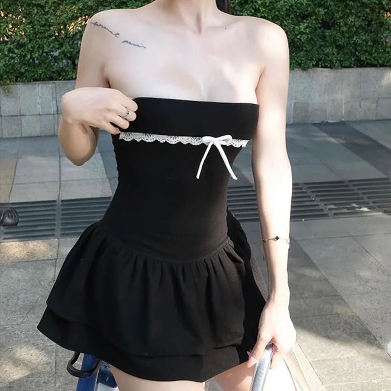 Girlary Sexy Backless Lace Bow Strapless Dresses for Summer Women's Dress 2024 new Lace up Skinny High Waist Mini Dress for Women Chic Tropical Mini Dress