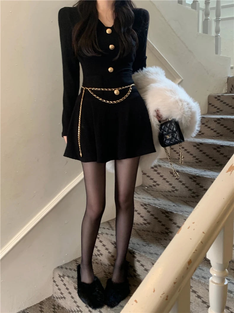 Girlary Sexy Black Knitting Female Mini Dress Chic Chain Buttons Slim V-neck Fashion Women's Dresses Solid Color Winter Dresses Stylish Ruffle Mini Dress