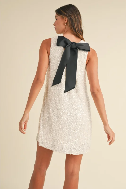 Irina White Sequin Sleeveless Mini Dress with Black Bow Trendy A-Line Mini Dress