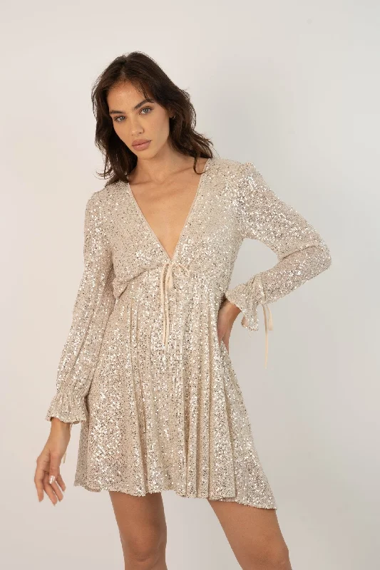 Kima Baby Doll Mini Dress in Silver Elegant Satin Lace Mini Dress