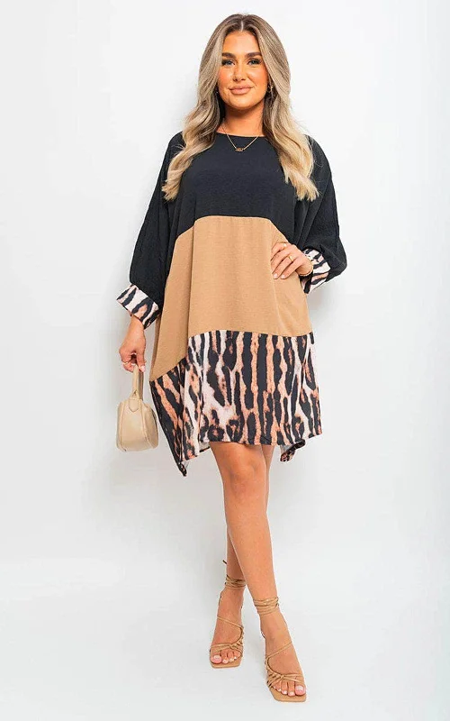 Long Sleeve Leopard Trim Print Oversized Mini Dress Cozy Knit Mini Dress