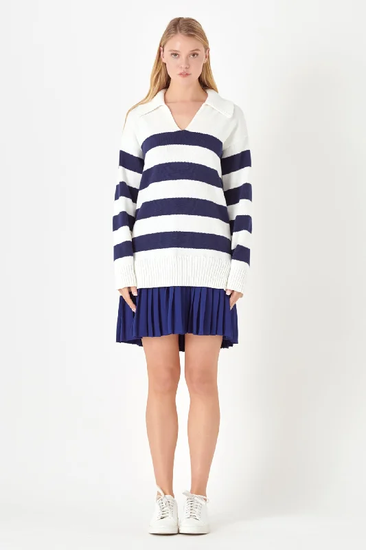English Factory - Mixed Media Stripe Pleated Mini Dress Cozy Ruched Mini Dress