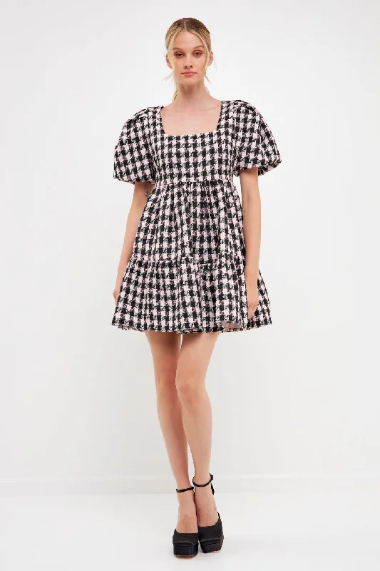 English Factory - Multi Tweed Puff Sleeve Mini Dress Trendy Crossover Mini Dress