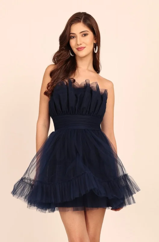 Nanita Tulle Mini Dress in Navy Comfortable Polka Dot Mini Dress